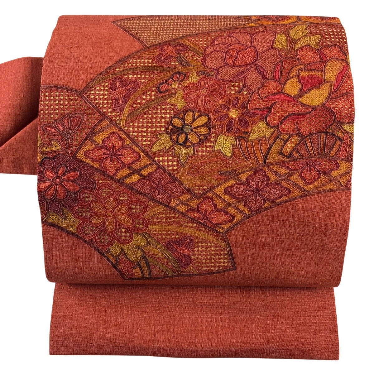 美品】 袋帯 秀品 紬地 枝花 箔 赤茶 お太鼓柄 正絹｜中古・古着 