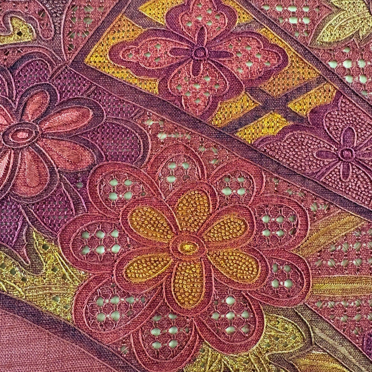 美品】 名古屋帯 秀品 紬地 扇面 草花 刺繍 赤茶 正絹｜中古・古着