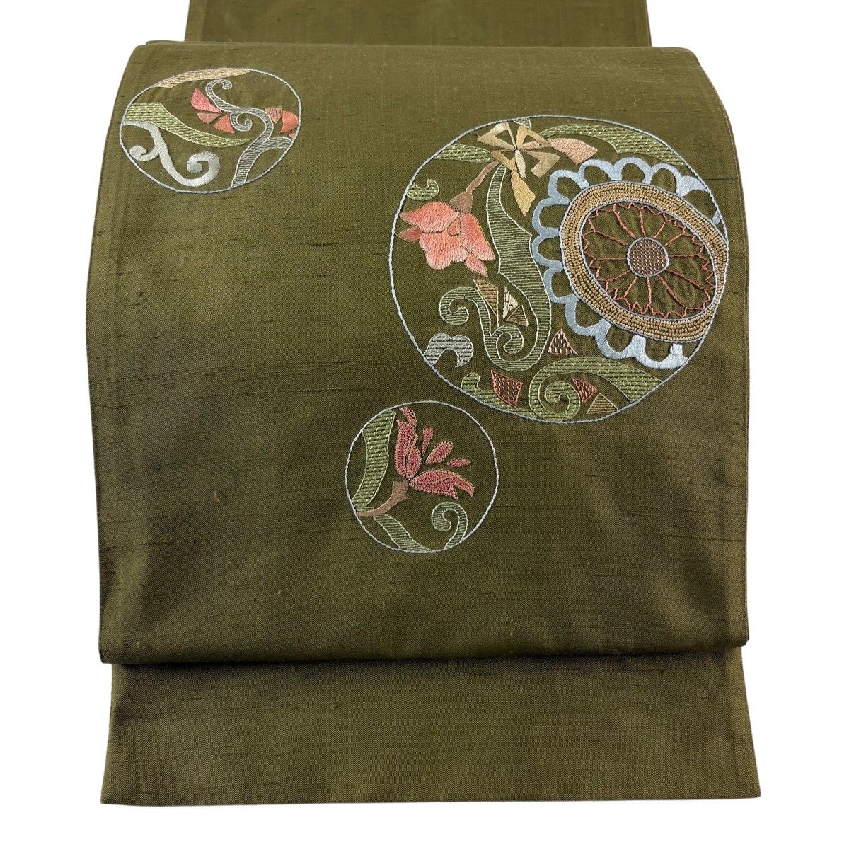 袋帯 名品 華文 花唐草 刺繍 金糸 茶色 お太鼓柄 正絹｜中古・古着