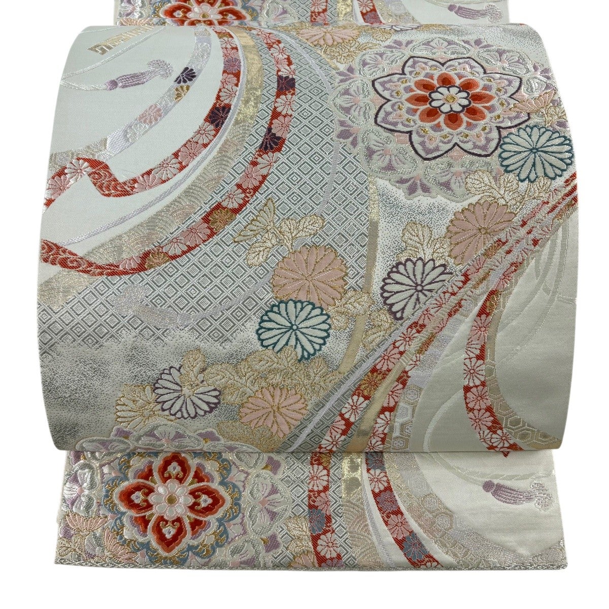 袋帯 秀品 関西仕立て 華文 草花 唐織 金銀糸 灰白 六通 正絹｜中古