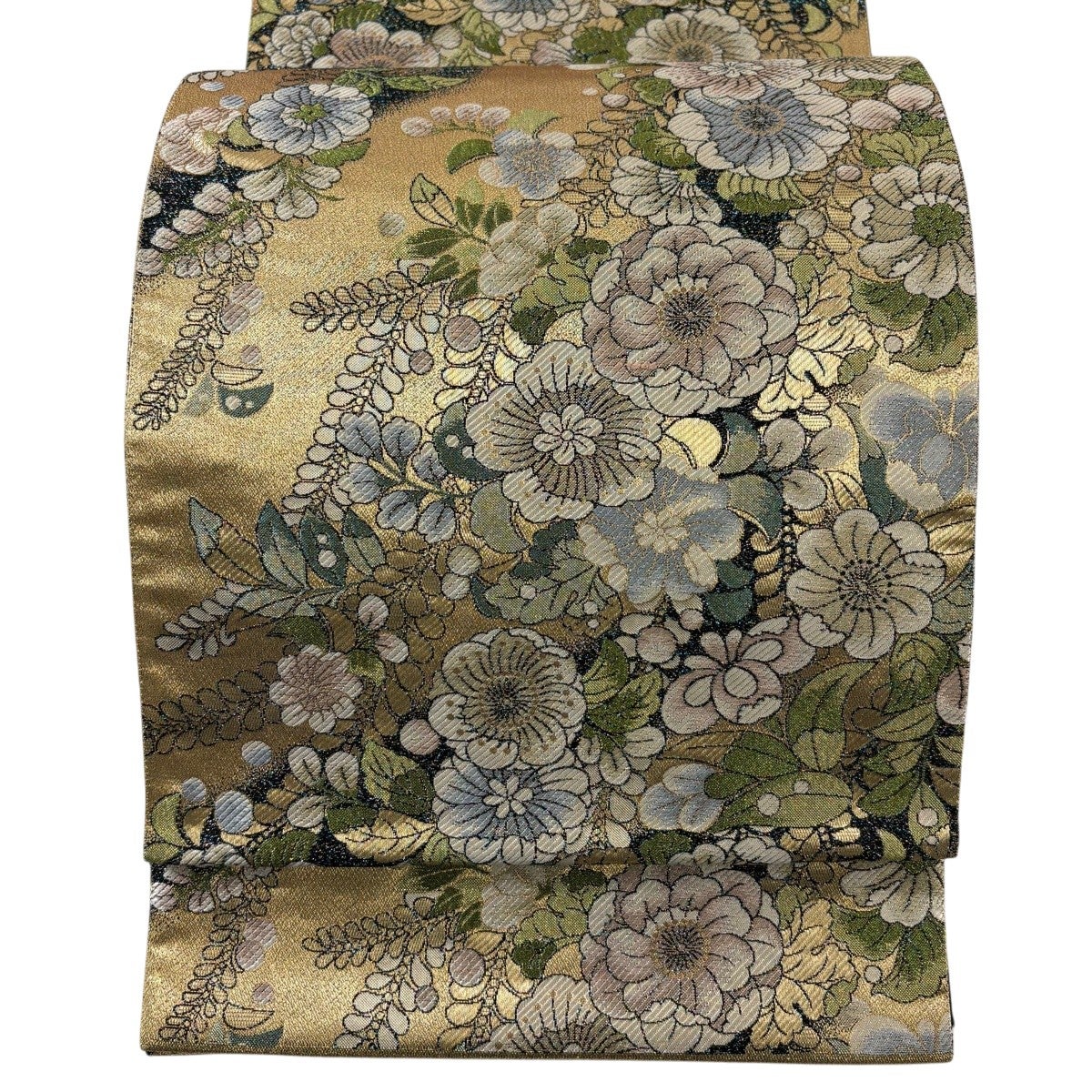 袋帯 美品 名品 証紙 繍宝の美 草花 波 金糸 箔 金色 六通