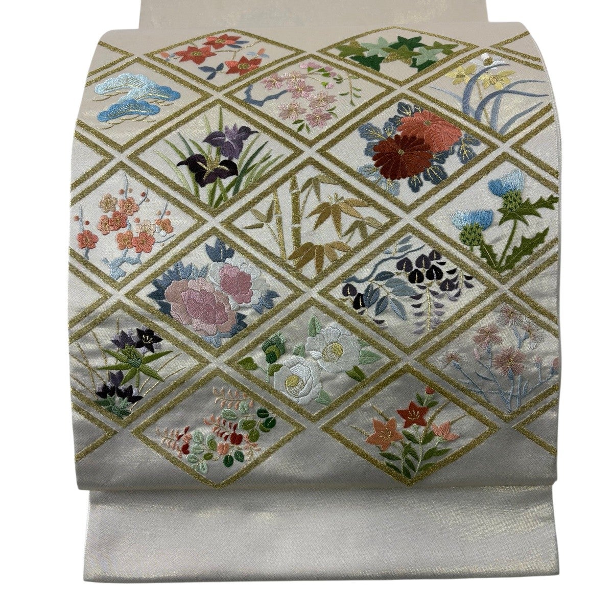 袋帯 逸品 草花 枝花 金糸 金色 お太鼓柄 正絹｜中古・古着