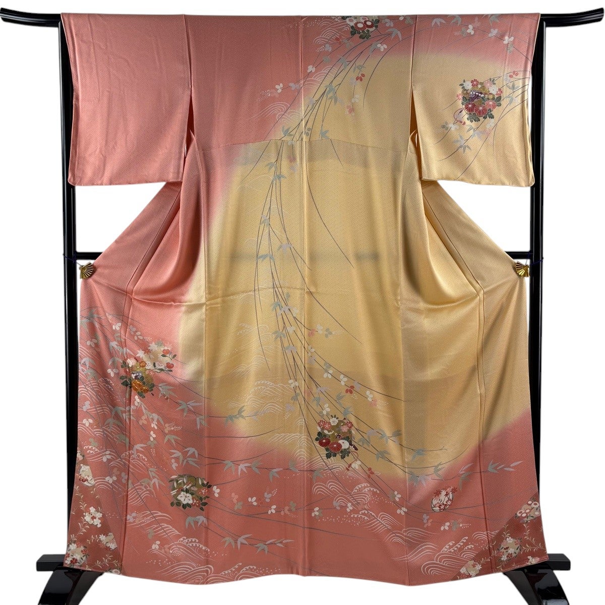 訪問着 身丈162.5cm 裄丈65.5cm M 袷 花丸文 波頭 金糸 金彩 サーモン