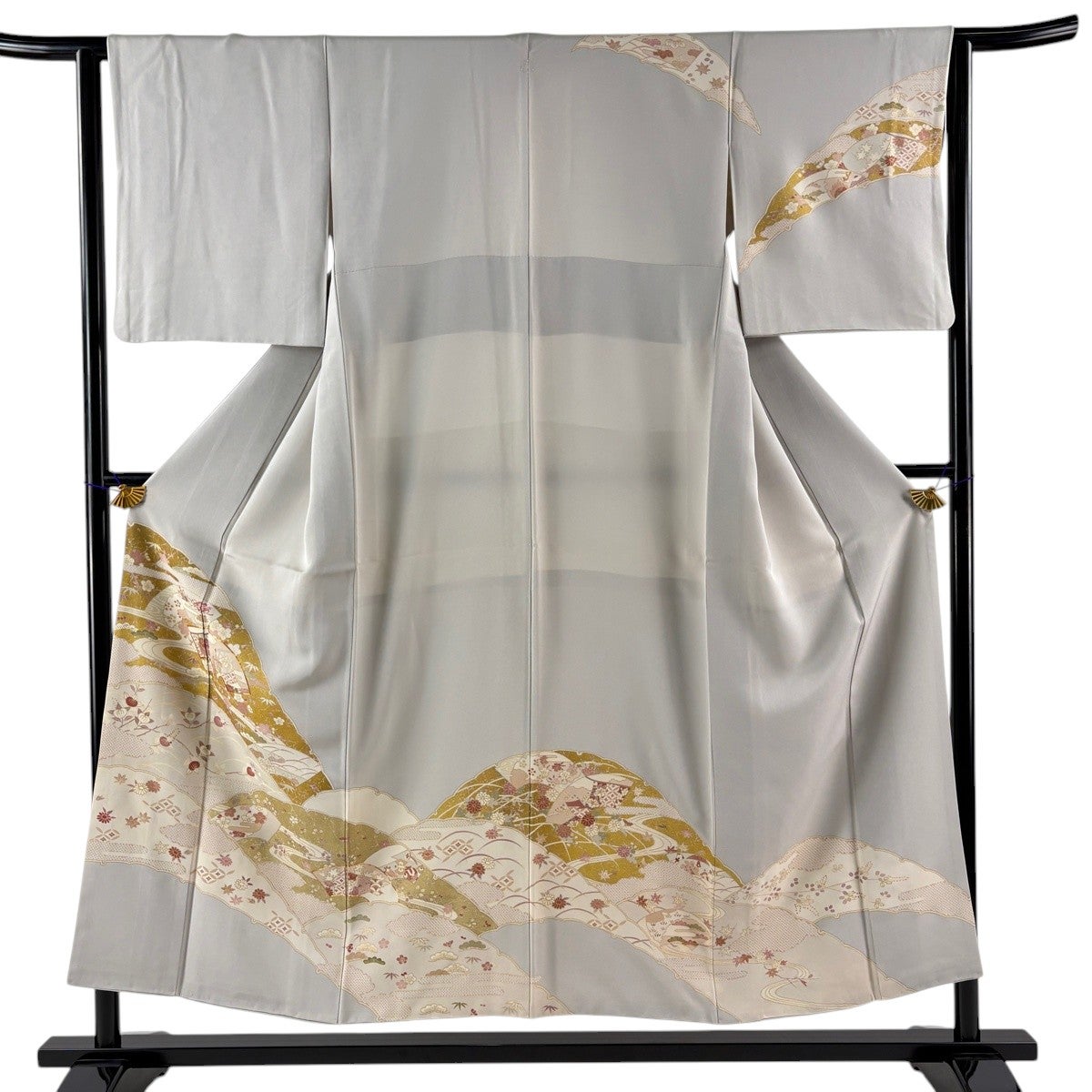 訪問着 身丈153cm 裄丈62cm S 袷 扇面 松竹梅 金糸 金彩 灰色 正絹 秀
