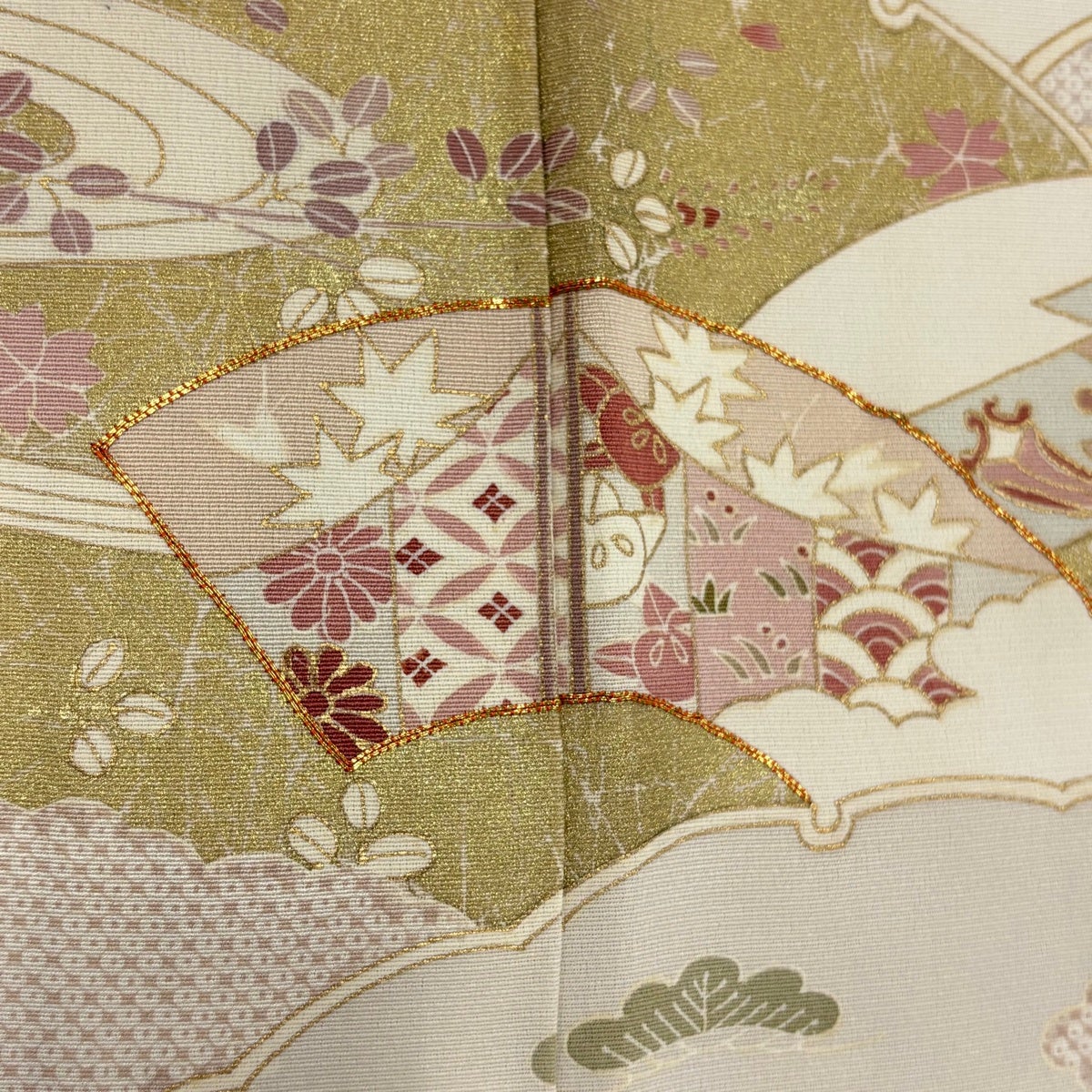 訪問着 身丈153cm 裄丈62cm S 袷 扇面 松竹梅 金糸 金彩 灰色 正絹 秀