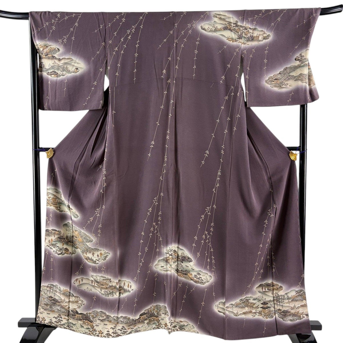 時代物アンティーク夜着①　絣（ロング） 訪問着 身丈161cm 裄丈69cm L 袷 建物 人物 金彩 ぼかし 灰紫 正絹 秀
