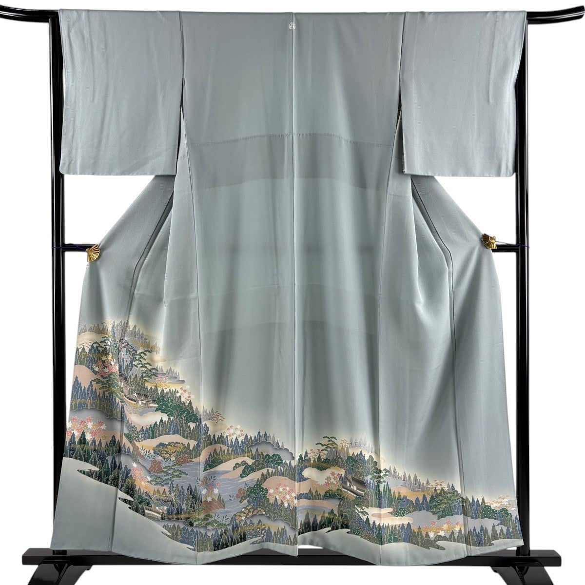 色留袖 身丈155cm 裄丈65cm M 袷 風景 家屋 金彩 ぼかし 青灰色 正絹