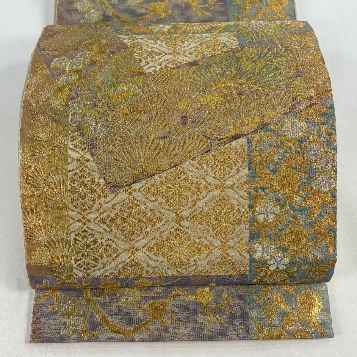 袋帯 秀品 川島織物 落款あり 関西仕立て 巻物 草花 金銀糸 箔 金色 六