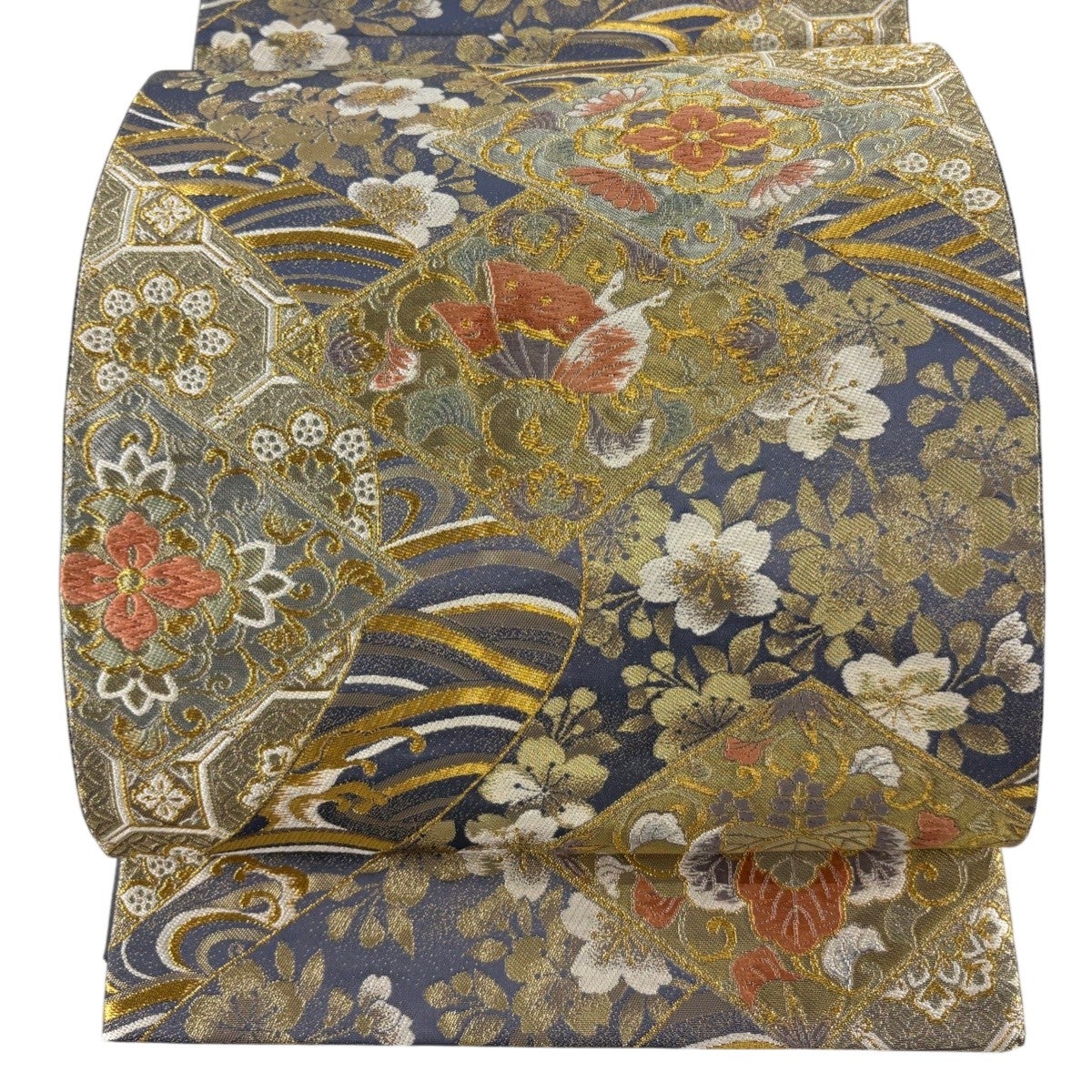 美品】 袋帯 秀品 菱 立涌 螺鈿 金糸 黄土色 六通 正絹｜中古・古着