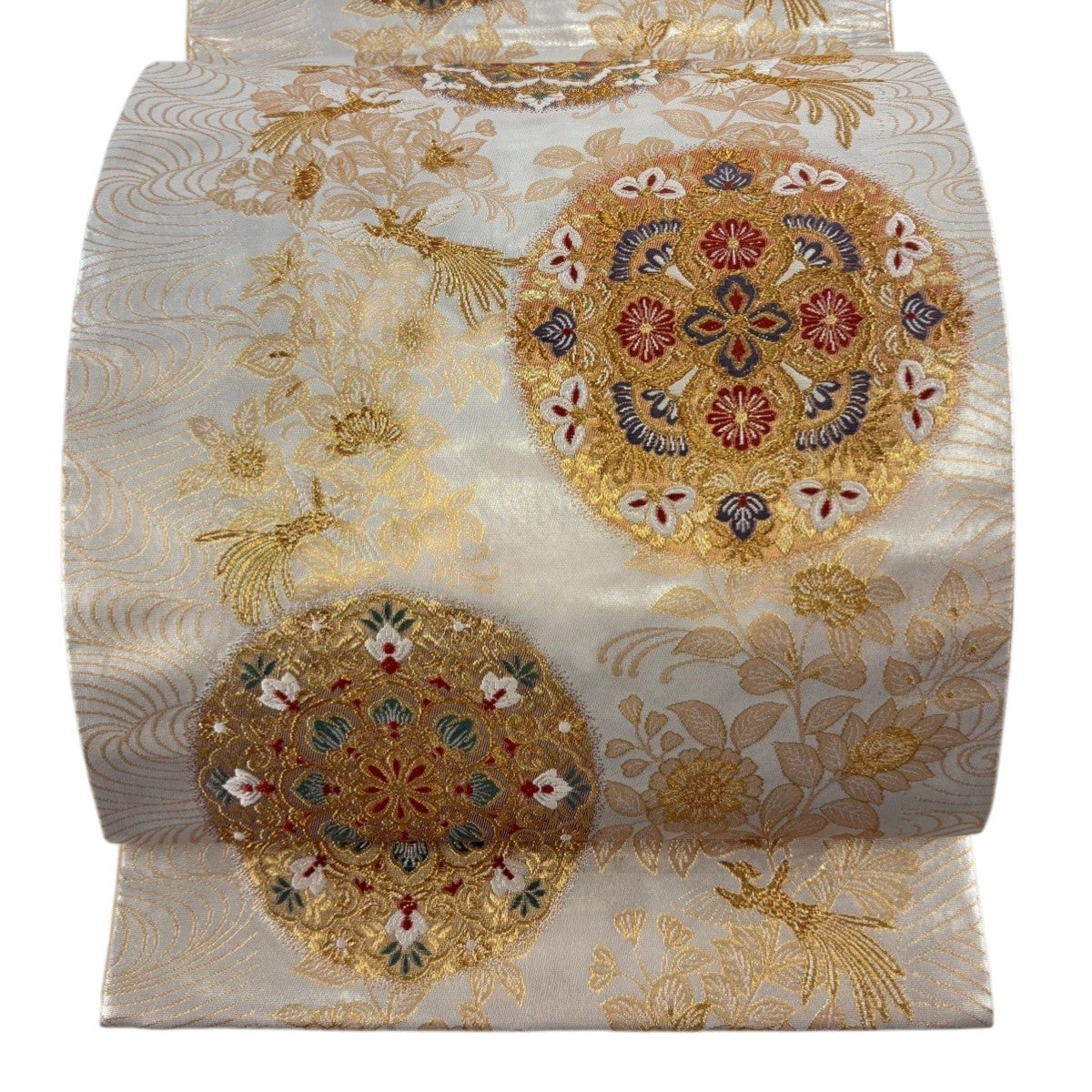 【E20】着物 鈴乃屋 正絹 六通袋帯 金糸 美品 美品】 袋帯 秀品 鈴乃屋 華文 鳥 金糸 箔 金色 六通 正絹｜中古・古着