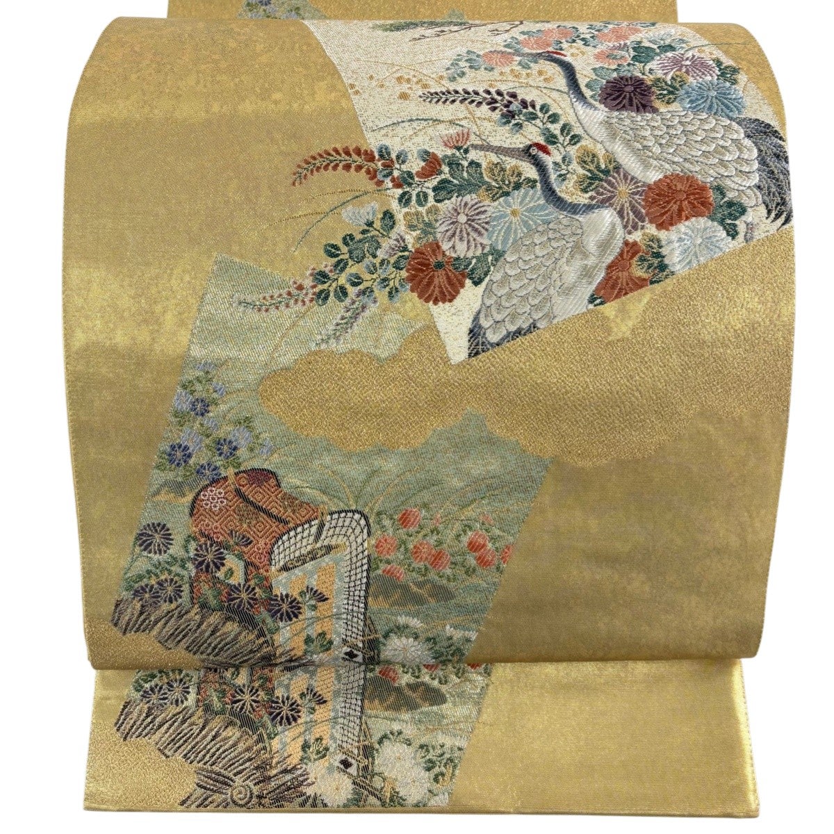 美品】 袋帯 秀品 花鳥 流水 箔 金色 お太鼓柄 正絹｜中古・古着