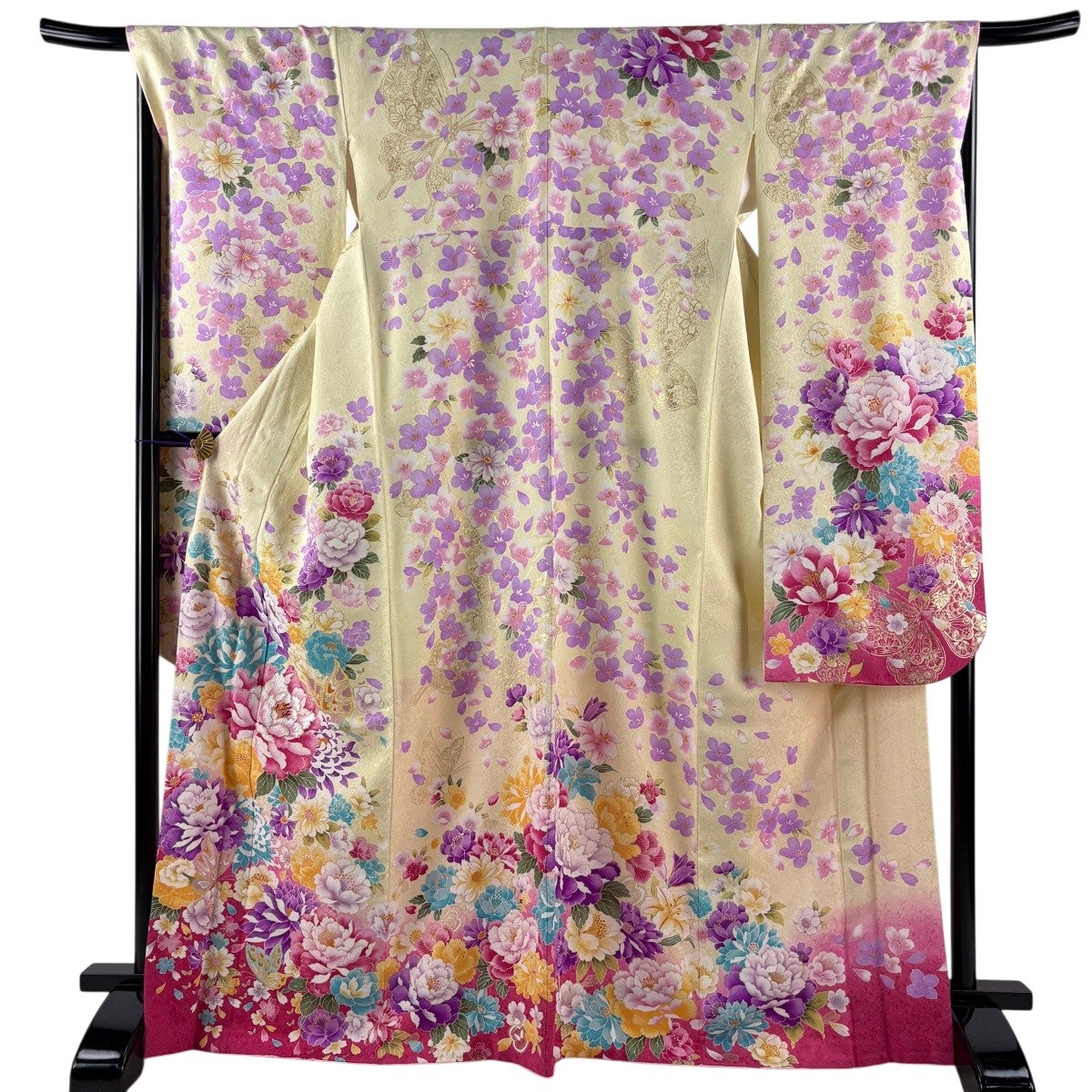 美品】 振袖 身丈168cm 裄丈68cm L 袷 牡丹 蝶 銀通し 箔 薄黄 正絹