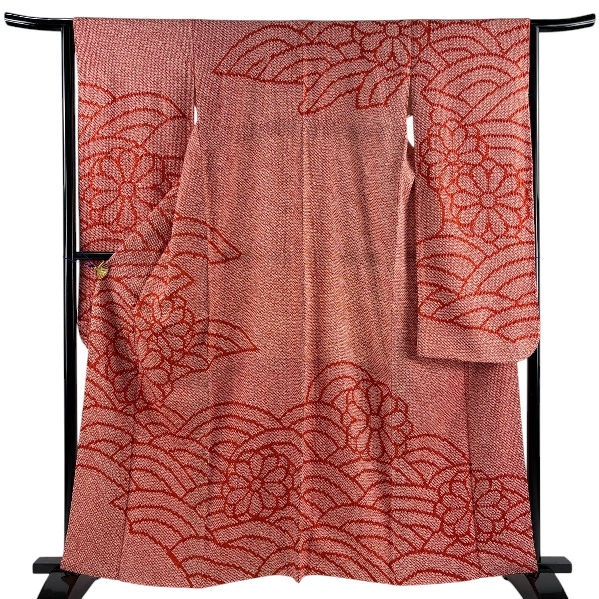 振袖 身丈161cm 裄丈64cm M 袷 菊 波 総絞り 朱色 正絹 秀品｜中古