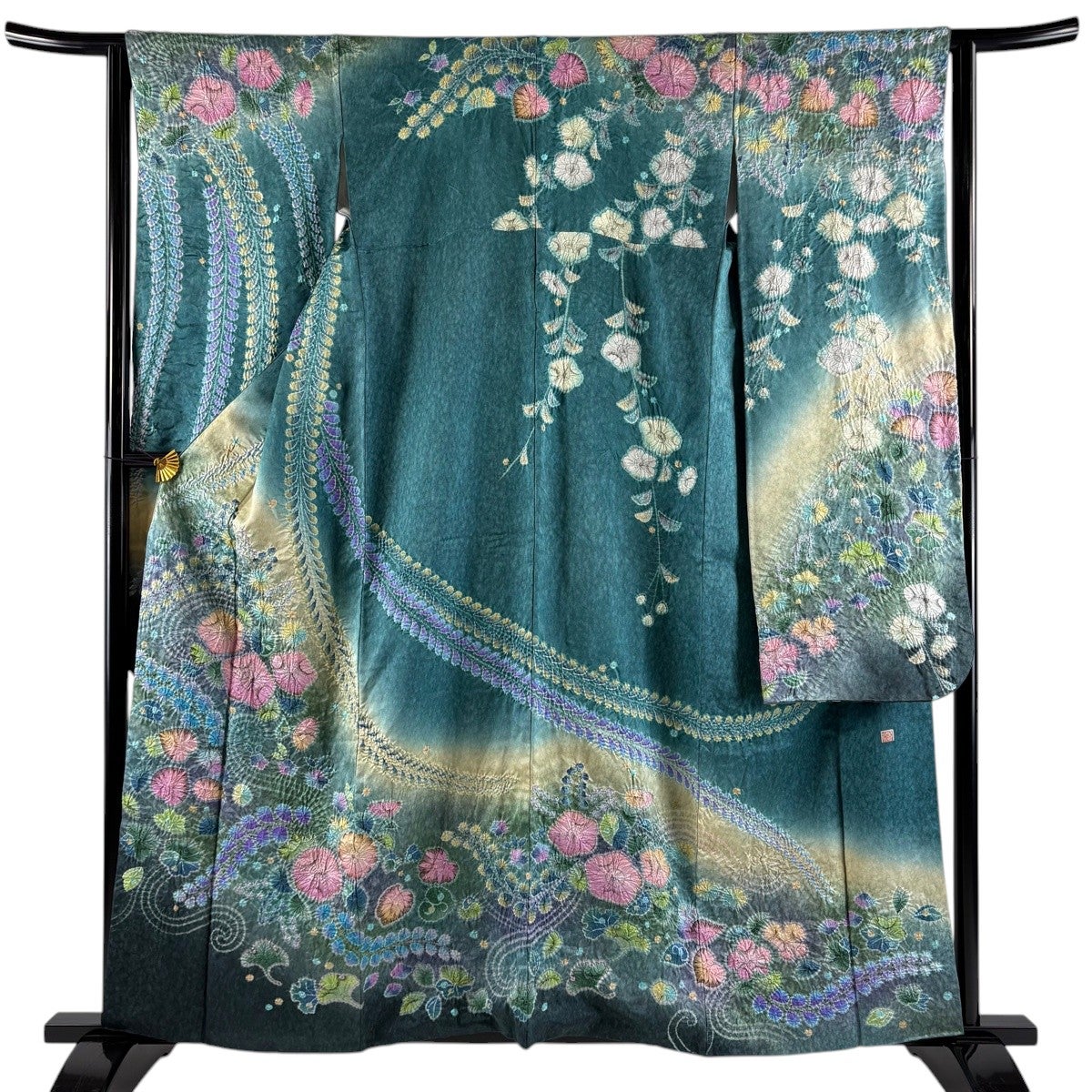 美品】 振袖 身丈159.5cm 裄丈63cm S 袷 辻が花 銀通し 金彩 青緑 正絹