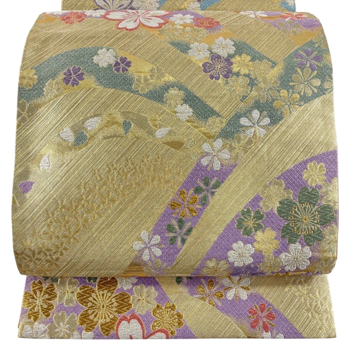 【未使用・美品】　正絹　六通　袋帯　流水に桜花紋様　４３６cm 振袖用袋帯 正絹 流水 波模様 枝垂れ桜 六通柄 - メルカリ