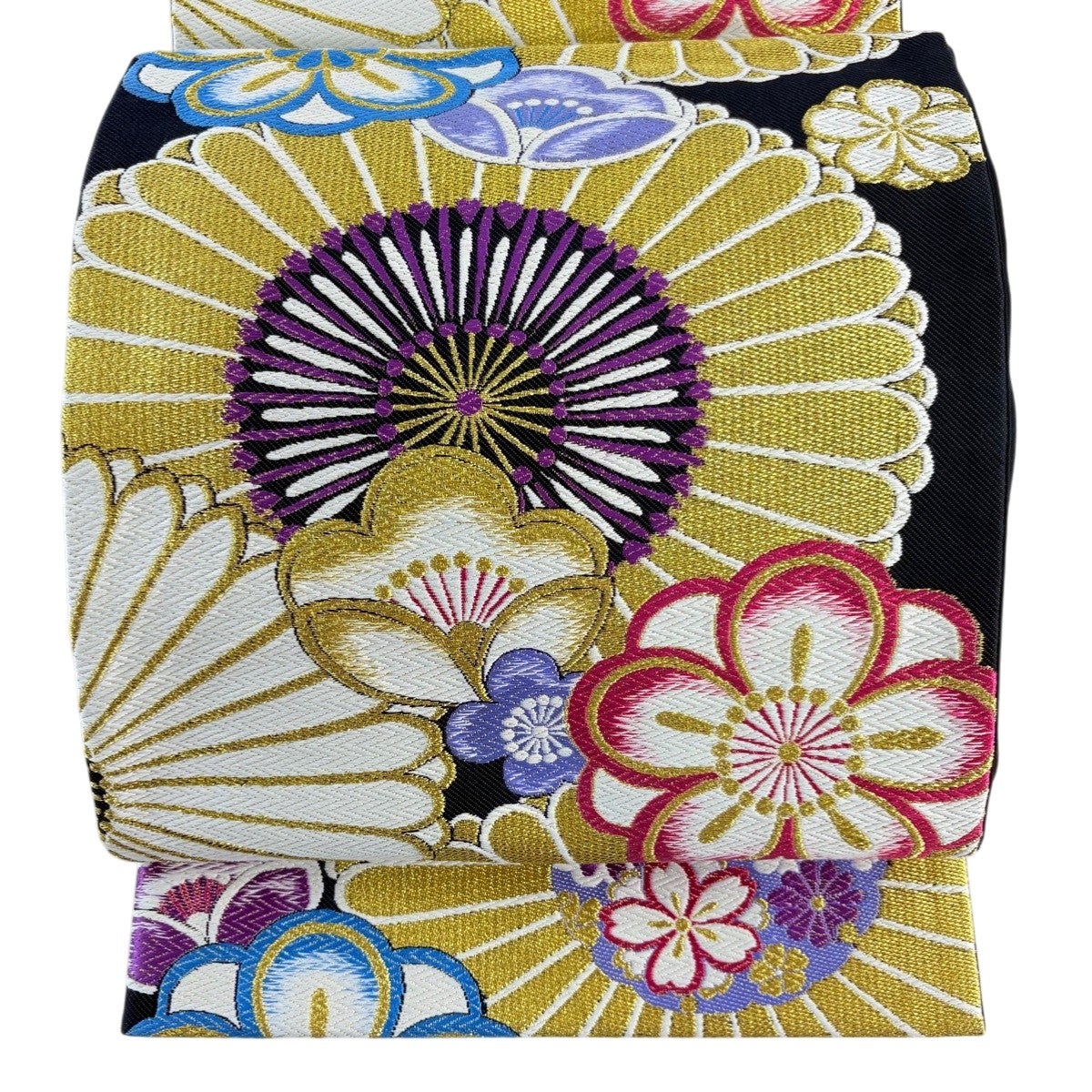 袋帯 秀品 関西仕立て 枝梅 笠松 唐織 箔 黒 六通 正絹｜中古・古着