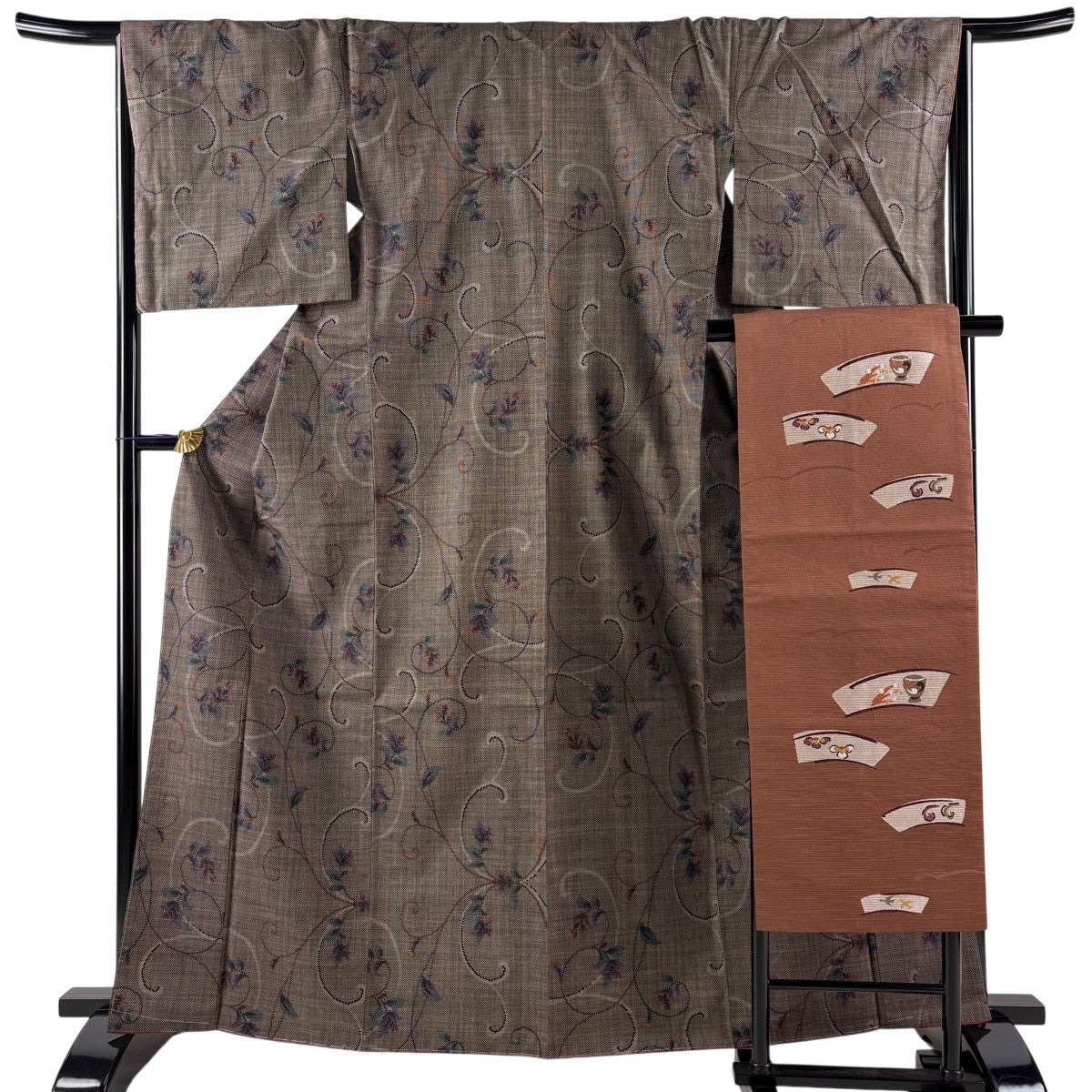 美品】 紬 身丈163cm 裄丈65cm M 袷 名古屋帯セット 花唐草 焦茶色