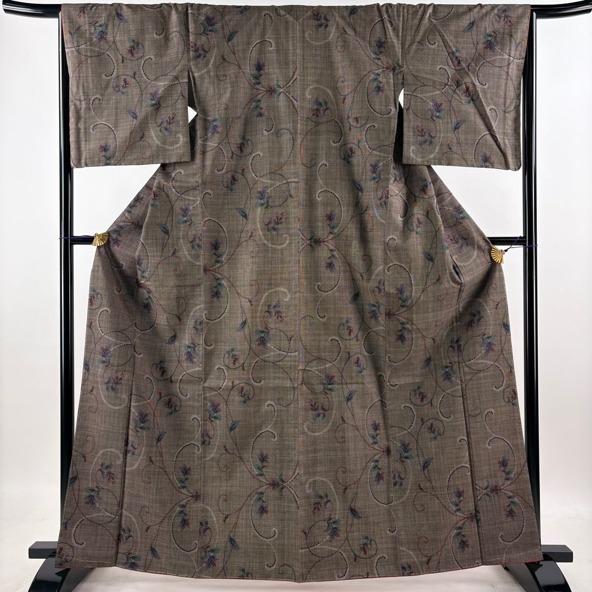 美品】 紬 身丈163cm 裄丈65cm M 袷 名古屋帯セット 花唐草 焦茶色