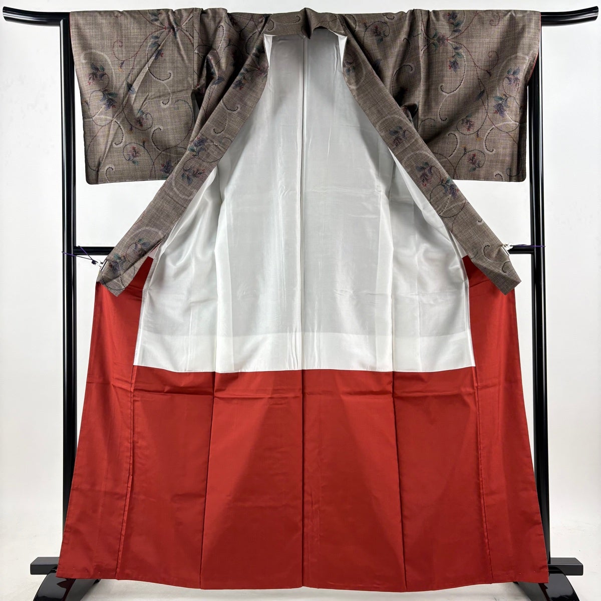 美品】 紬 身丈163cm 裄丈65cm M 袷 名古屋帯セット 花唐草 焦茶色
