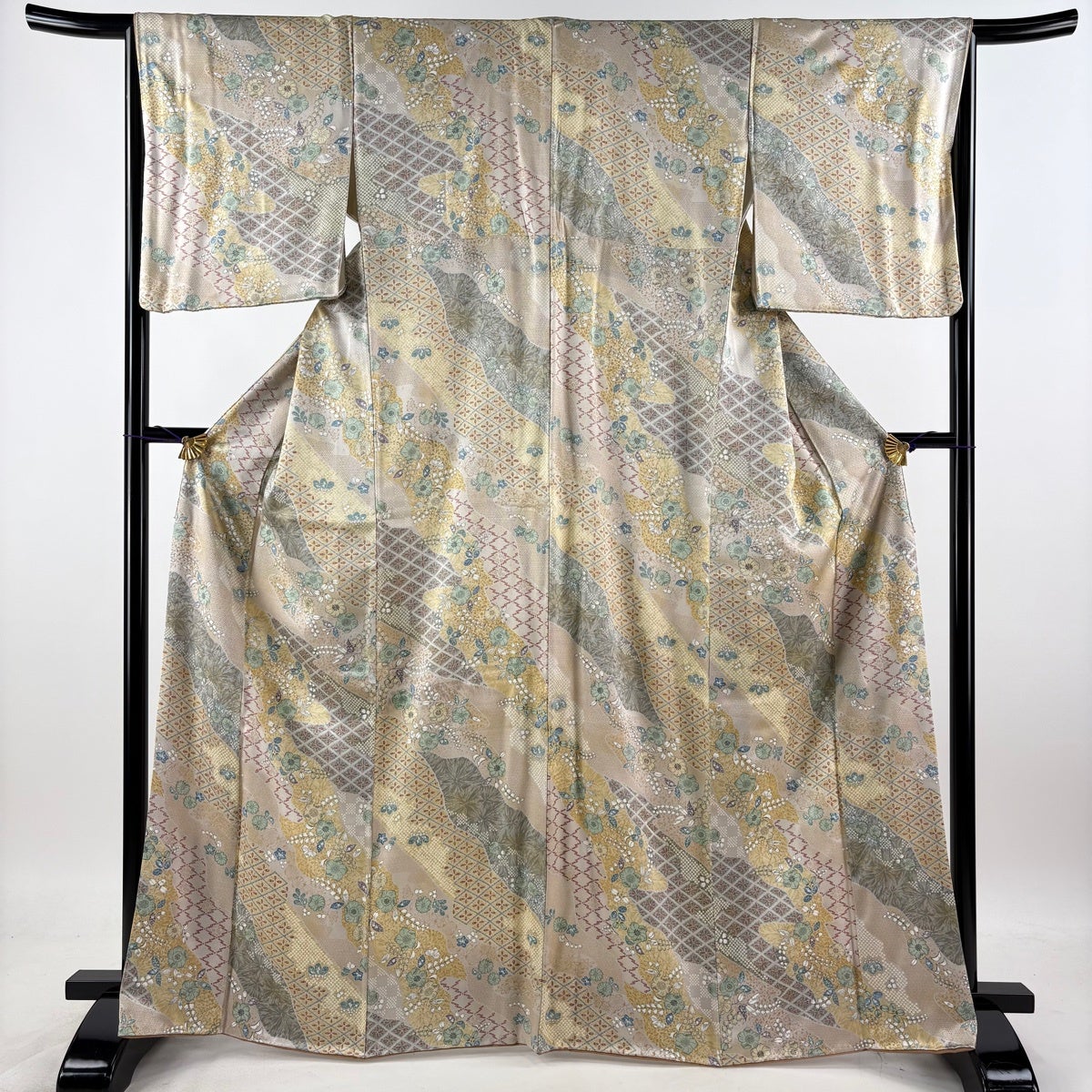 美品】 小紋 身丈166cm 裄丈64cm M 袷 名古屋帯セット 草花 道長取り