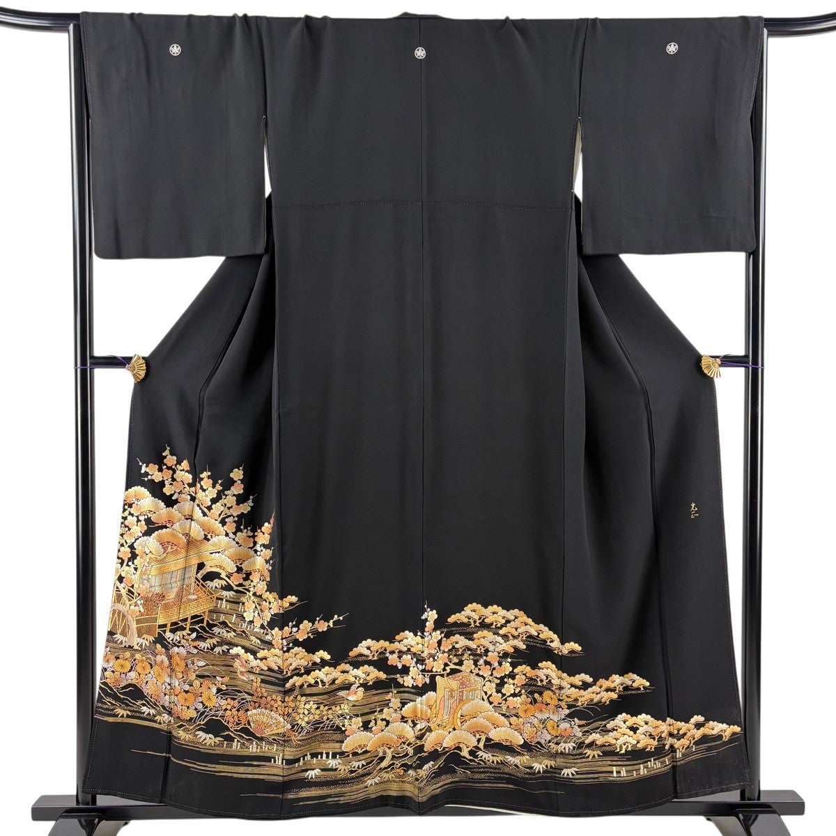 未使用近い　美品　正絹　黒留袖　フルセット　5点　身丈170 裄丈68 黒留袖 身丈156cm 裄丈66.5cm M 袷 和田光正 落款あり 松竹梅 建物