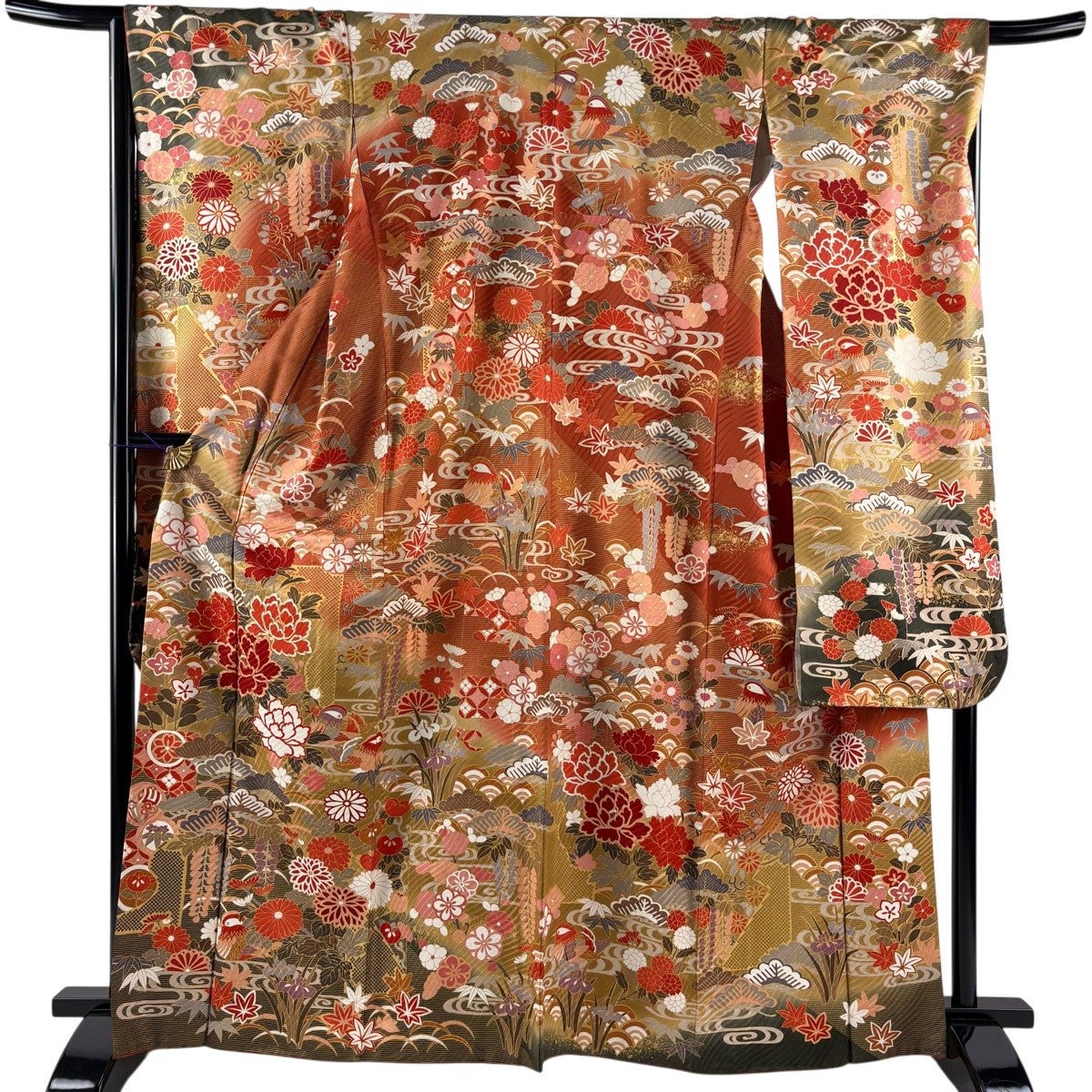 振袖 身丈161.5cm 裄丈64cm M 袷 梅 籬 金彩 縮緬 緑 正絹 名品｜中古