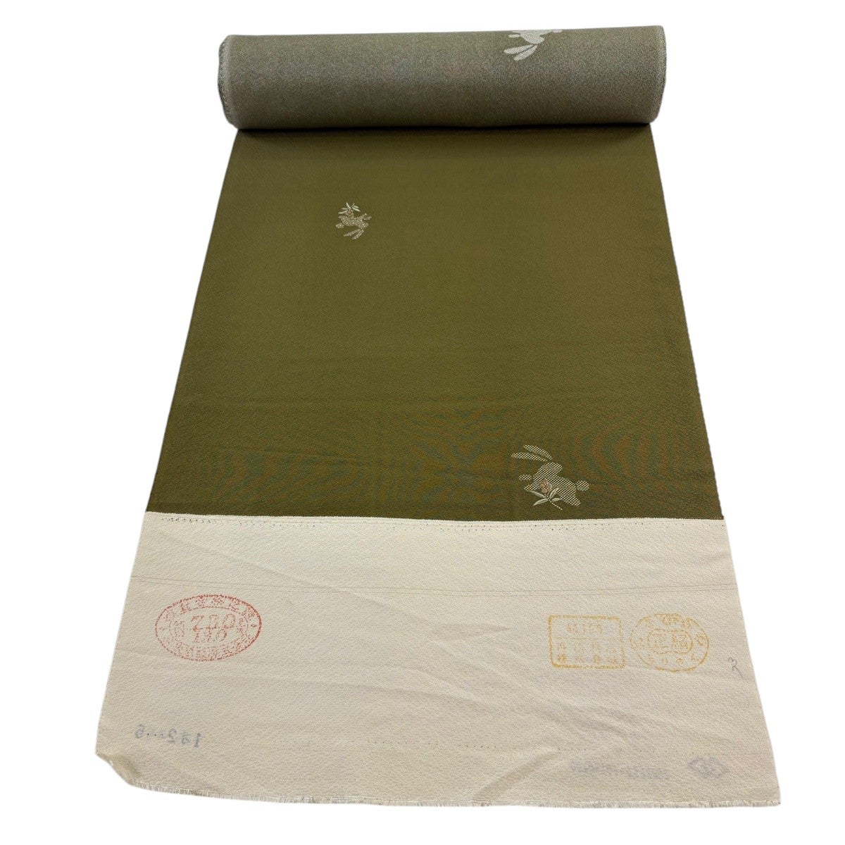 反物 秀品 小紋 うさぎ 葉と実 茶緑色 正絹｜中古・古着・リサイクル