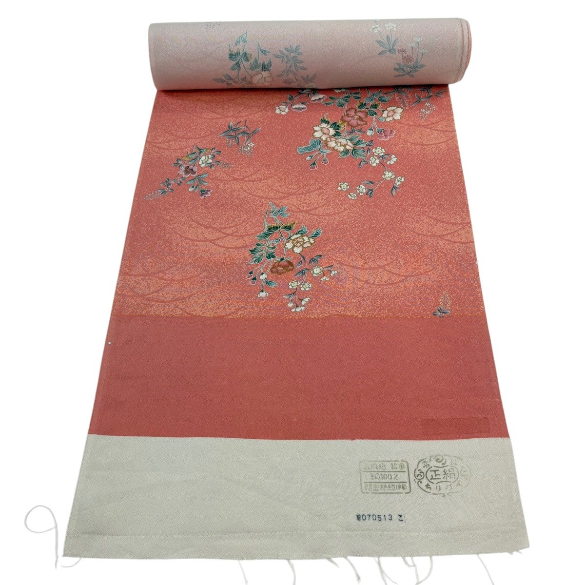 反物 秀品 小紋 草花 芝 金彩 サーモンピンク 正絹｜中古・古着