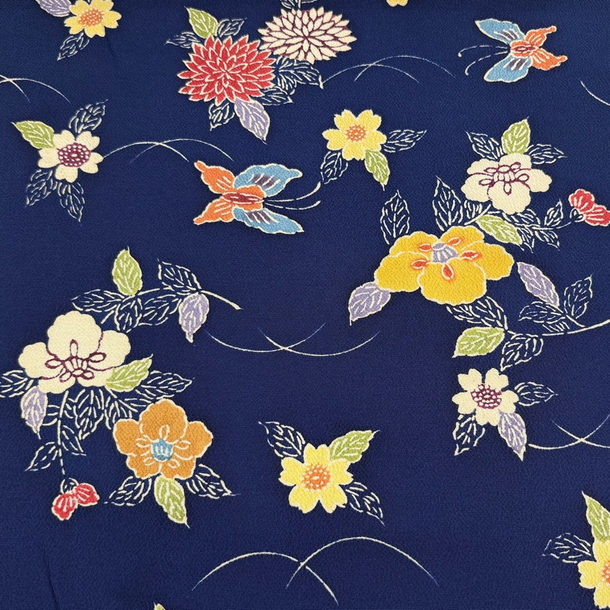 反物 秀品 小紋 草花 縮緬 紺色 正絹｜中古・古着・リサイクル着物通販