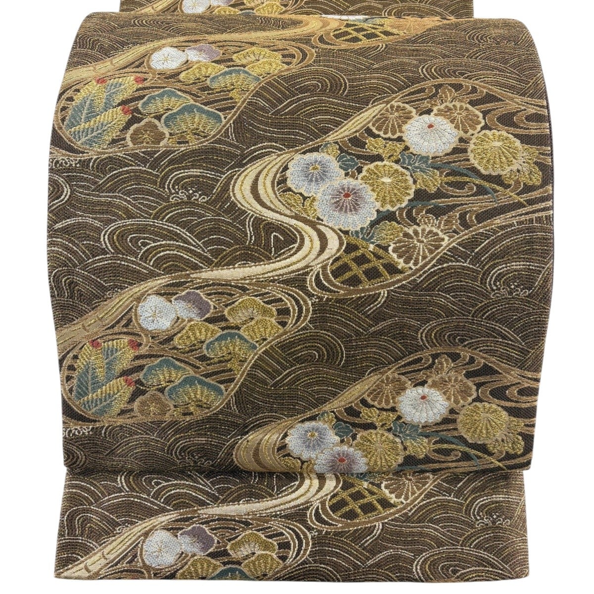 美品】 袋帯 秀品 関西仕立て 松竹梅 市松 箔 唐織 焦茶色 六通 正絹