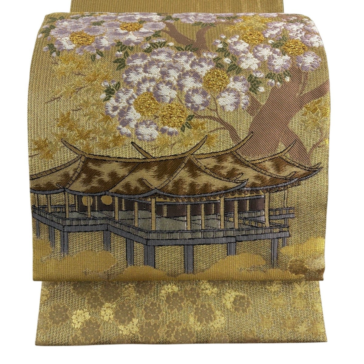 美品 袋帯 秀品 花鳥 鼓 金糸 箔 墨色 お太鼓柄 正絹｜中古・古着