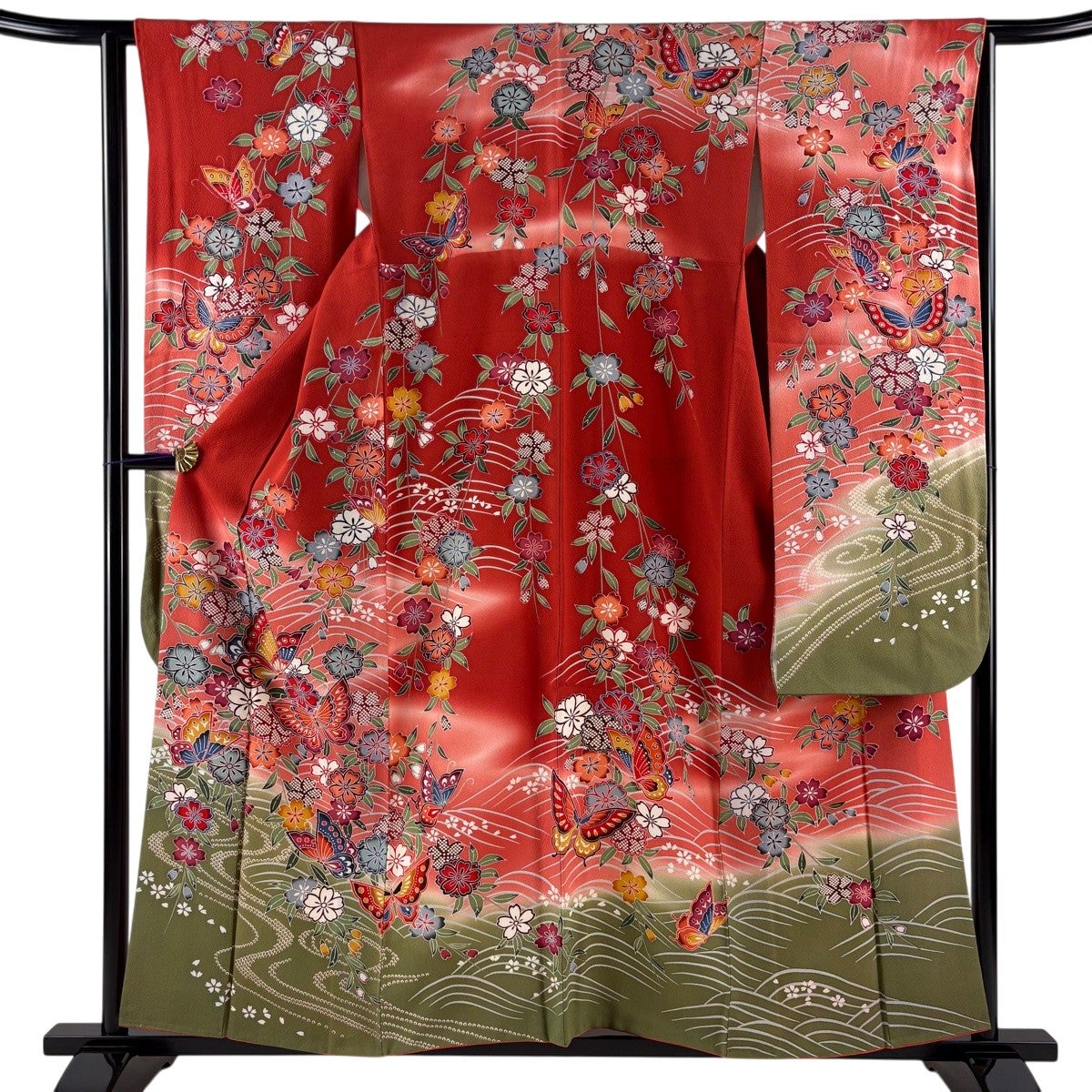 振袖 身丈158cm 裄丈63.5cm S 袷 蝶 桜 染め分け ぼかし 茜色 正絹