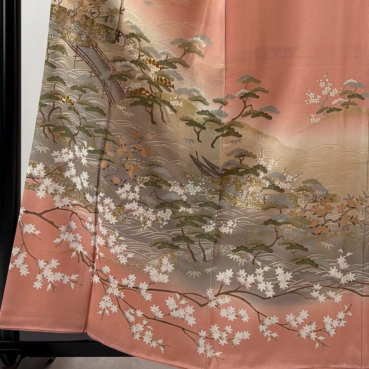 訪問着 身丈159cm 裄丈66cm M 袷 鈴乃屋 橋 笠松 金糸 金銀彩 ピンク