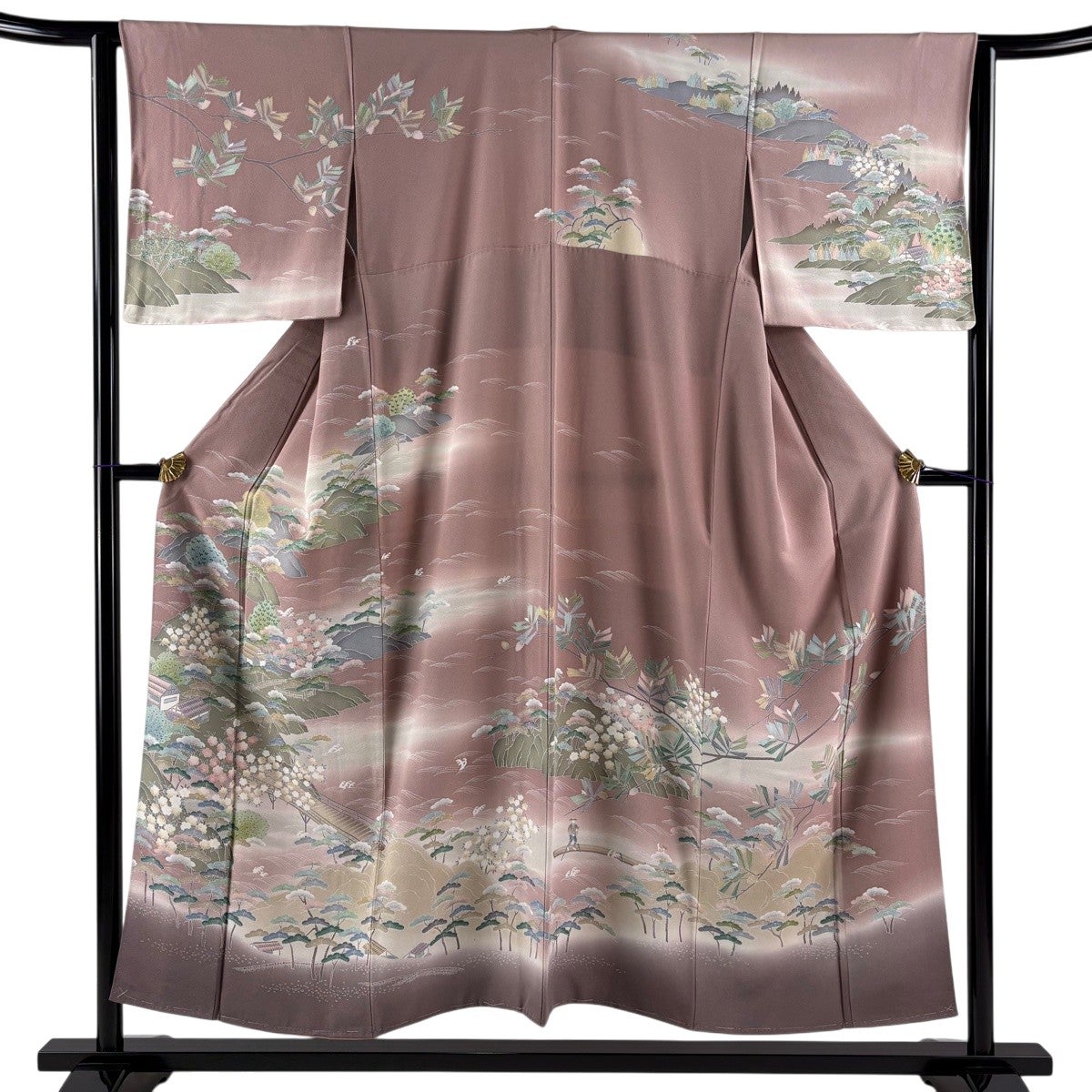 訪問着 身丈152.5cm 裄丈62.5cm S 袷 家屋 菱 ぼかし 紫 正絹 名品
