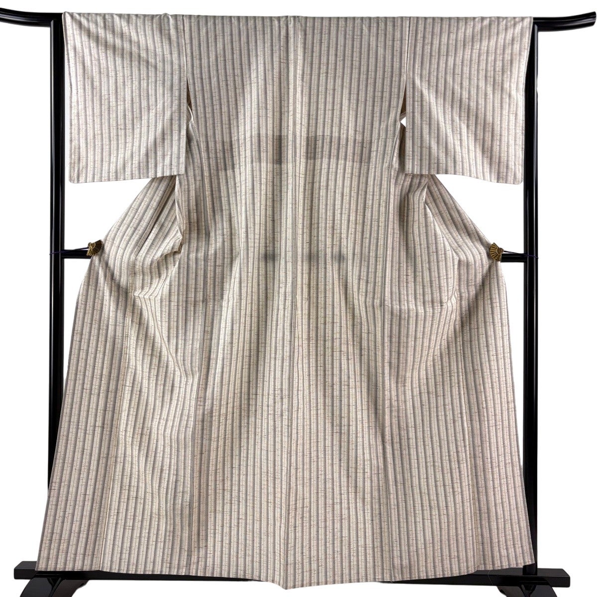 紬 身丈155cm 裄丈67.5cm L 単衣 縞 クリーム 正絹 名品｜中古・古着