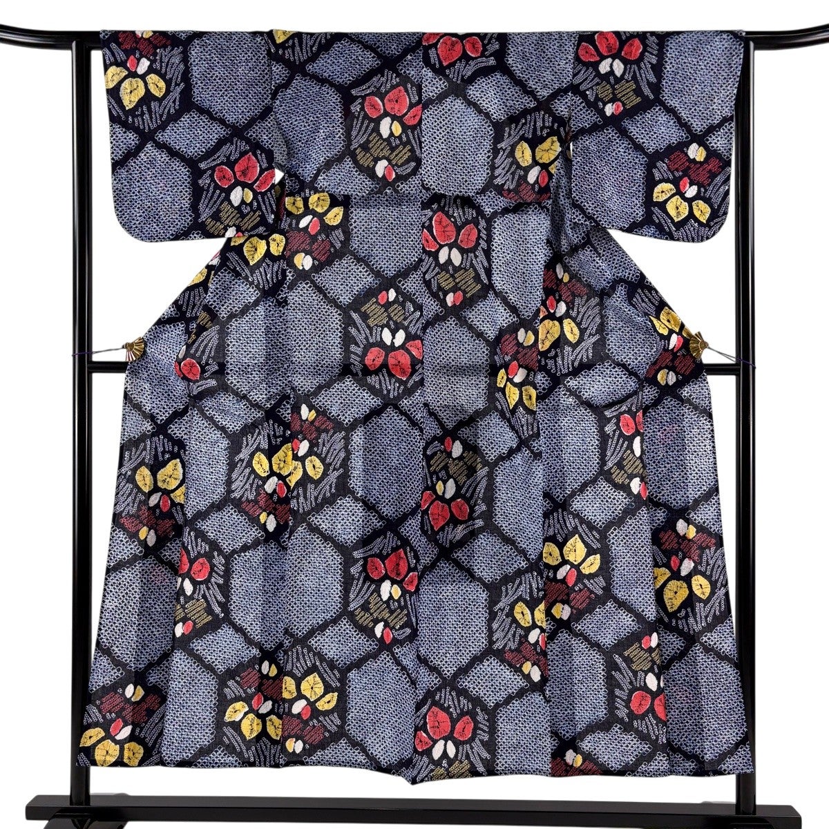 美品】 浴衣 身丈151cm 裄丈63.5cm S 絞り浴衣 草花 紺色 綿 名品