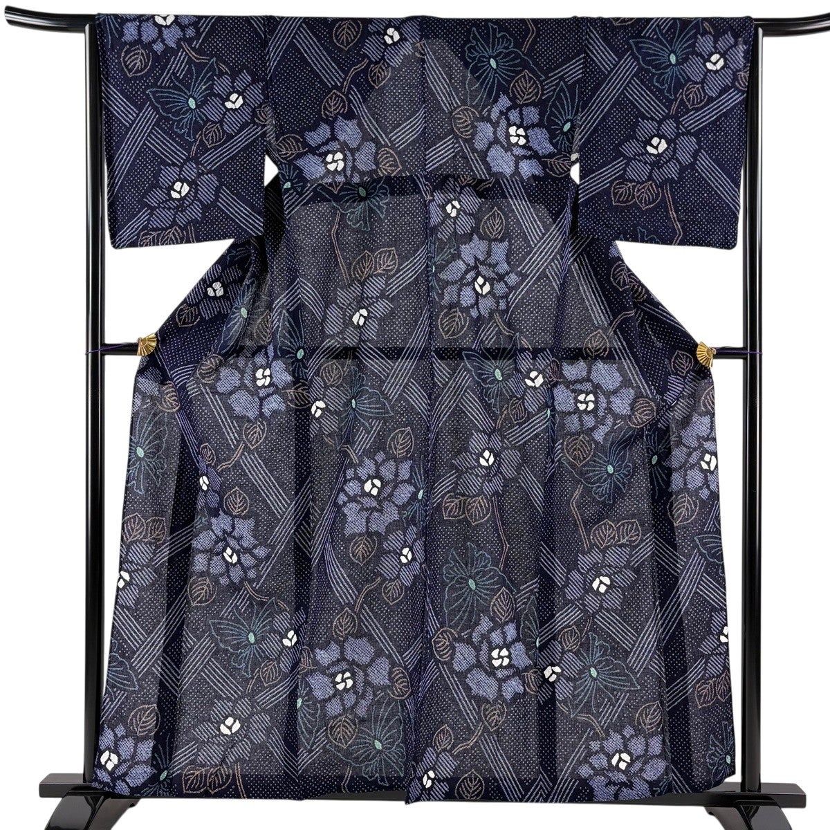 美品】 浴衣 身丈154cm 裄丈61cm S 絞り浴衣 団扇 草花 灰色 綿 名品