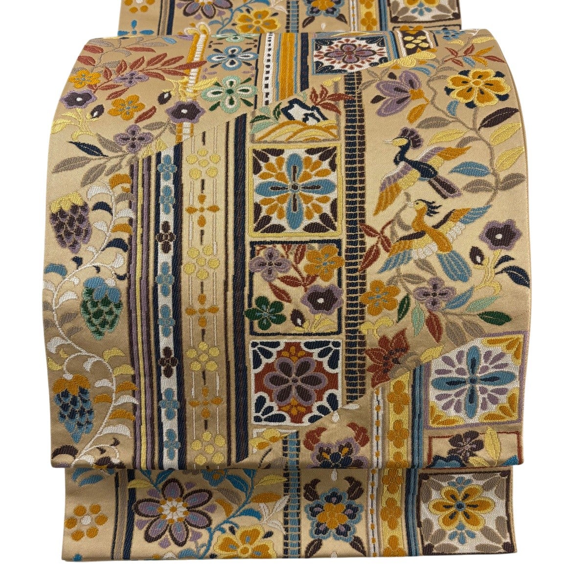 美品】 袋帯 秀品 華文 花喰い鳥 螺鈿 箔 金色 お太鼓柄 正絹｜中古