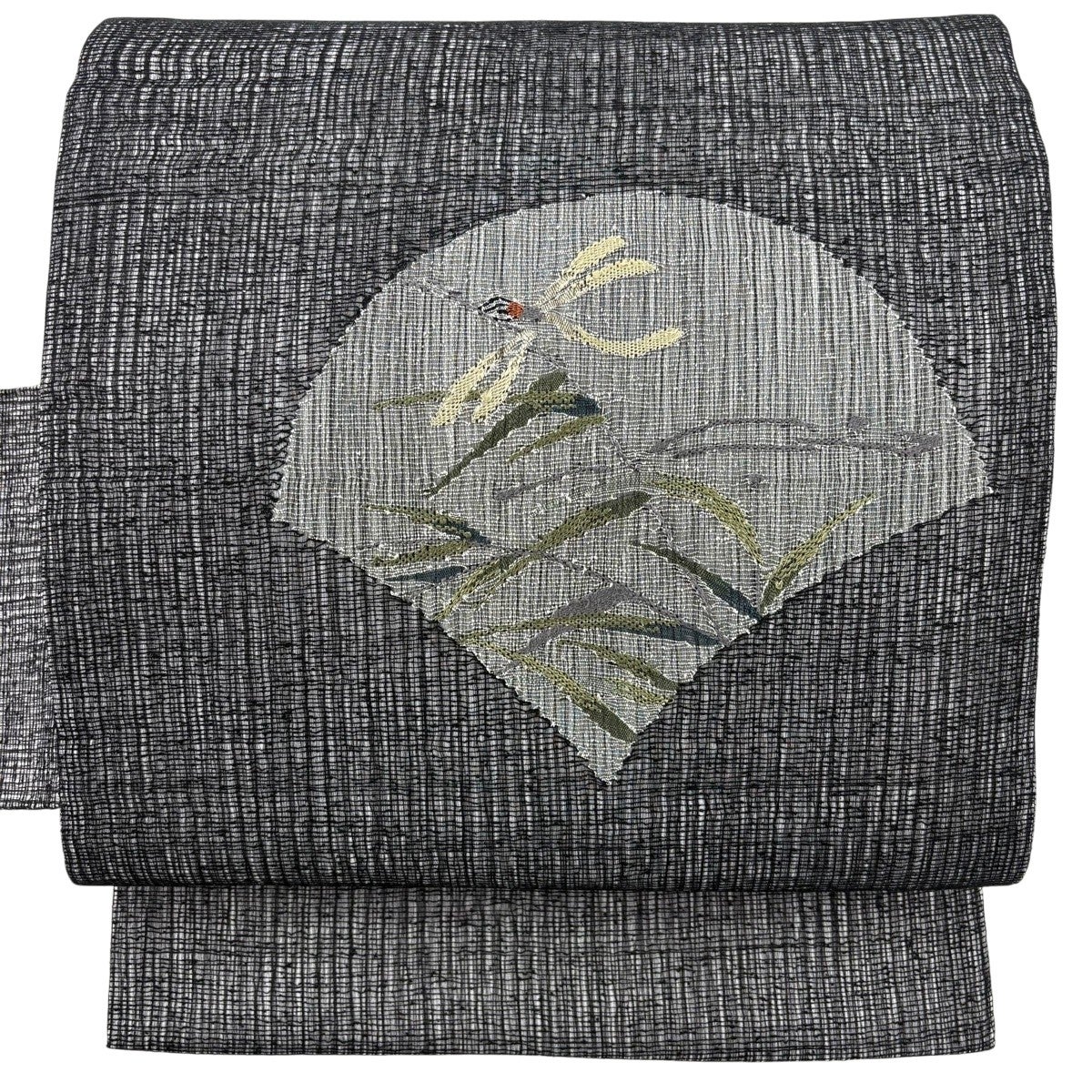 名古屋帯 名品 夏帯 絽 うちわ トンボ 金糸 刺繍 黒 正絹｜中古・古着