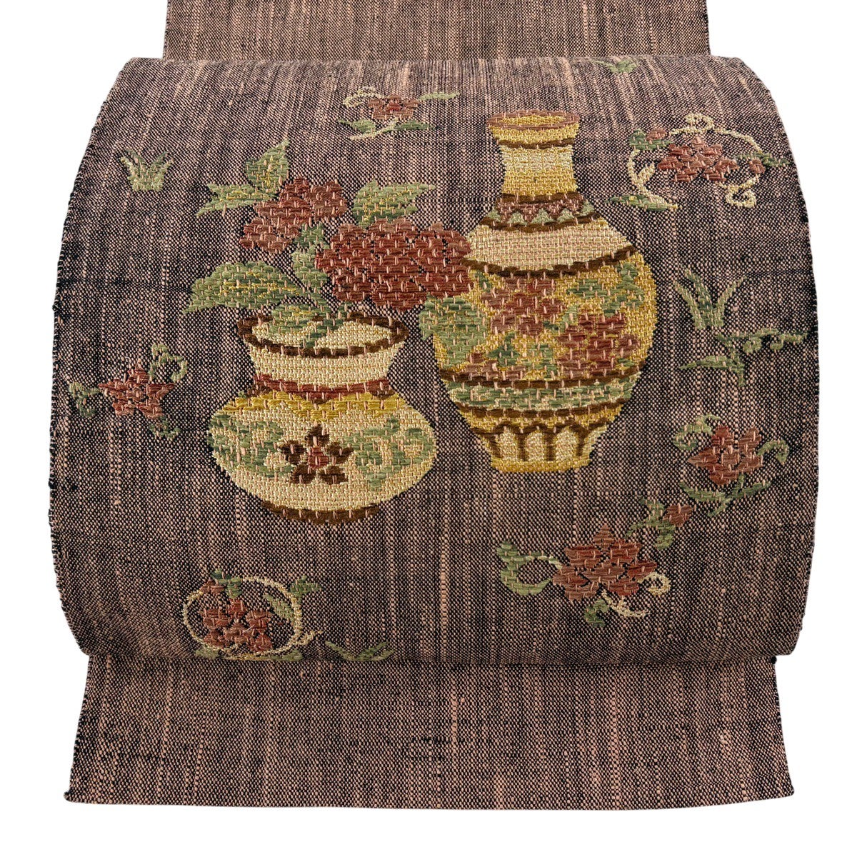 美品】 名古屋帯 優品 八寸名古屋帯 松葉仕立て 花器 草花 茶色 正絹