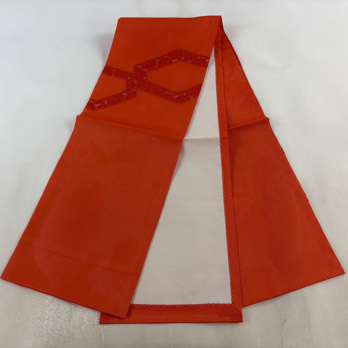 ●●即決希望!!再値引済。超美品 名古屋帯 盛夏以外通年使える子、全通 開き名古屋帯 優品 夏帯 絽 花 刺繍 オレンジ 正絹｜中古・古着