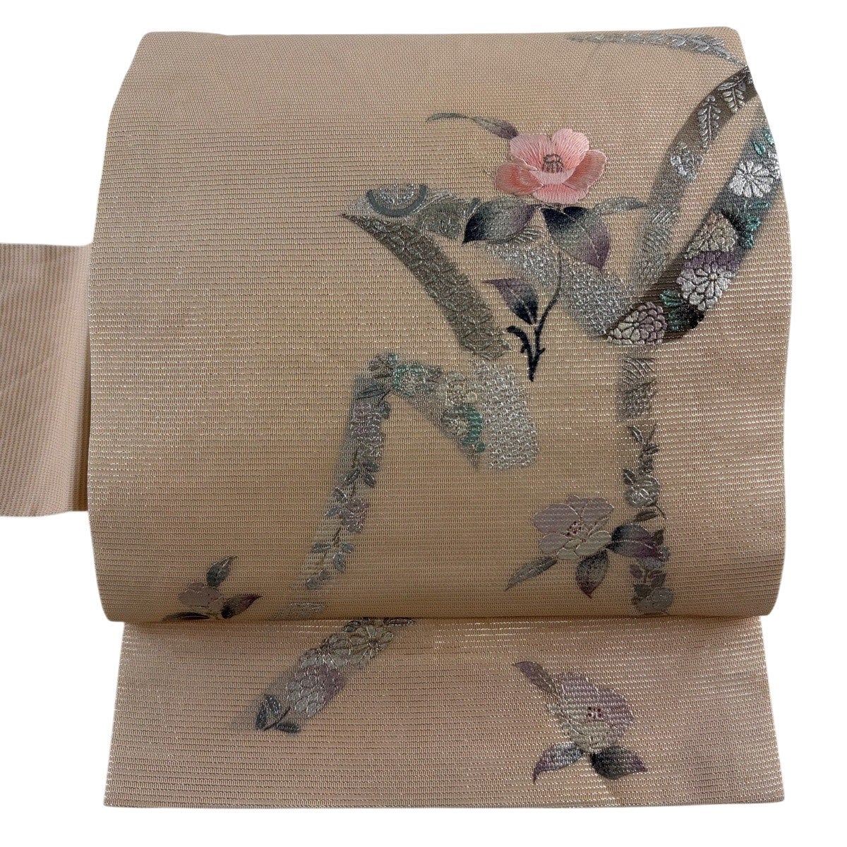 美品】 名古屋帯 秀品 夏帯 絽 枝花 刺繍 銀糸 薄ピンク 正絹｜中古