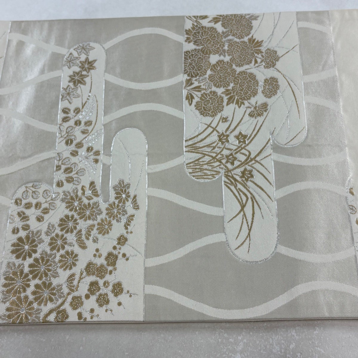 袋名古屋帯 優品 ヱ霞 秋草 金銀糸 箔 クリーム 正絹｜中古・古着