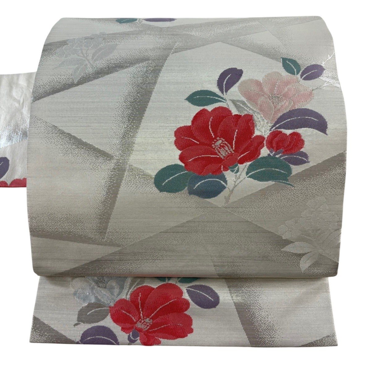 美品】 名古屋帯 優品 枝花 銀糸 箔 灰色 正絹｜中古・古着