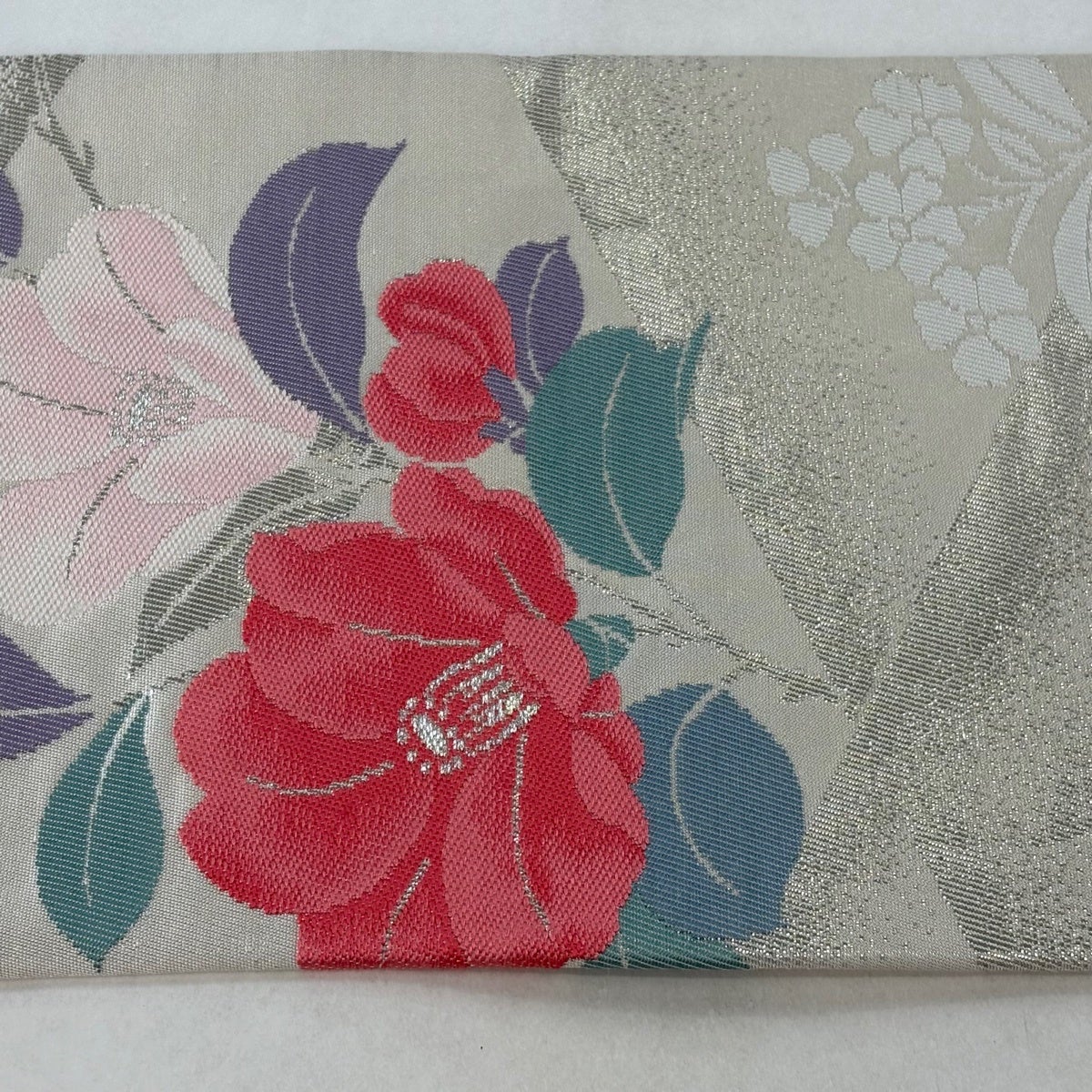 美品】 名古屋帯 優品 枝花 銀糸 箔 灰色 正絹｜中古・古着