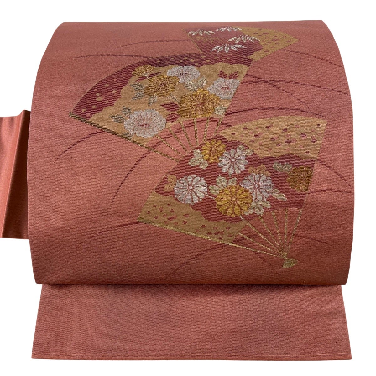 美品】 名古屋帯 優品 関西仕立て 蒔絵金彩錦 扇 草花 金銀糸 箔