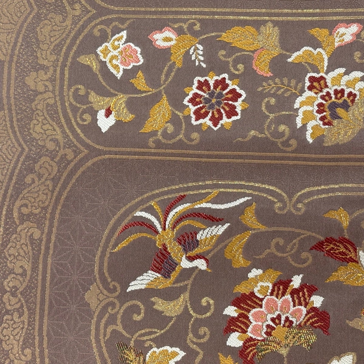 美品】 名古屋帯 優品 草花 尾長鳥 金糸 箔 茶色 正絹｜中古・古着