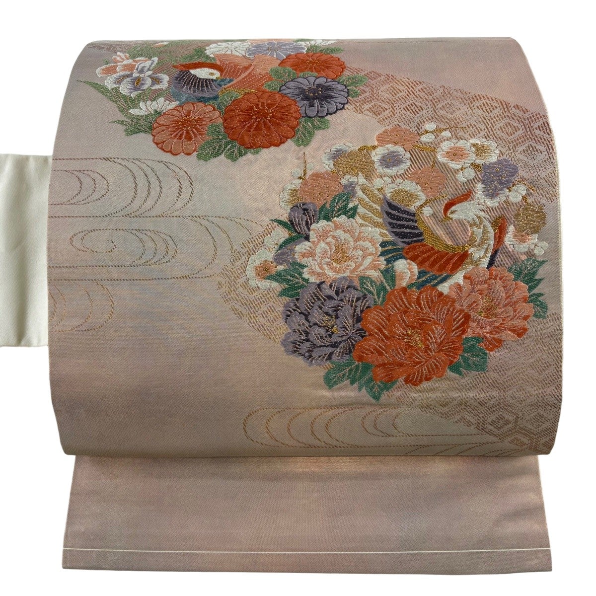 名古屋帯 優品 関西仕立て 鳥 草花 金糸 箔 薄オレンジ 正絹｜中古