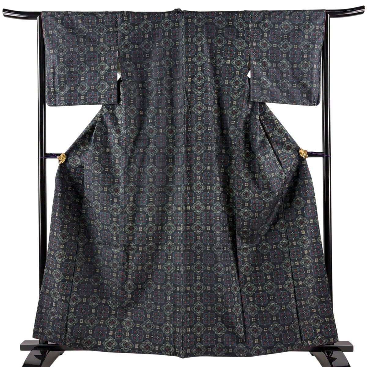美品】 紬 身丈159.5cm 裄丈65.5cm M 袷 アンサンブル 花 幾何学 黒灰