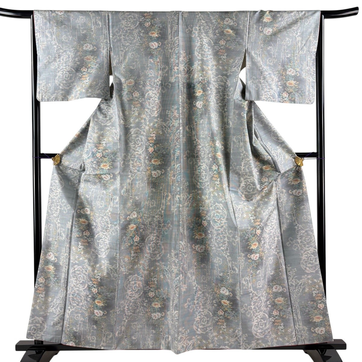 紬 身丈159cm 裄丈65.5cm M 袷 草花 青灰色 正絹 優品｜中古・古着